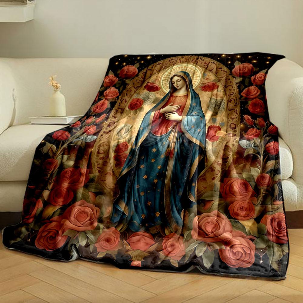 Our Lady of Guadalupe Rose Blanket Printed Blanket for Living Room Bed Couch lunch break Soft Cozy Blanket for Friend's festival Gift