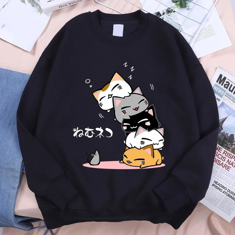 Stacked Cats Sleeping Don't See Mouse Мужская одежда Аниме-пуловеры с капюшоном Свободная флисовая толстовка Повседневная уличная одежда с круглым вырезом Пуловеры и длинные рукава мужские
