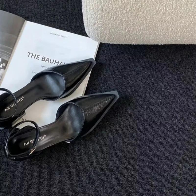 Summer 2025 New Women Black Fashion Sandals Woman Heels Pumps Sexy Pointed Toe Sandalias Female Low Heels Shoes