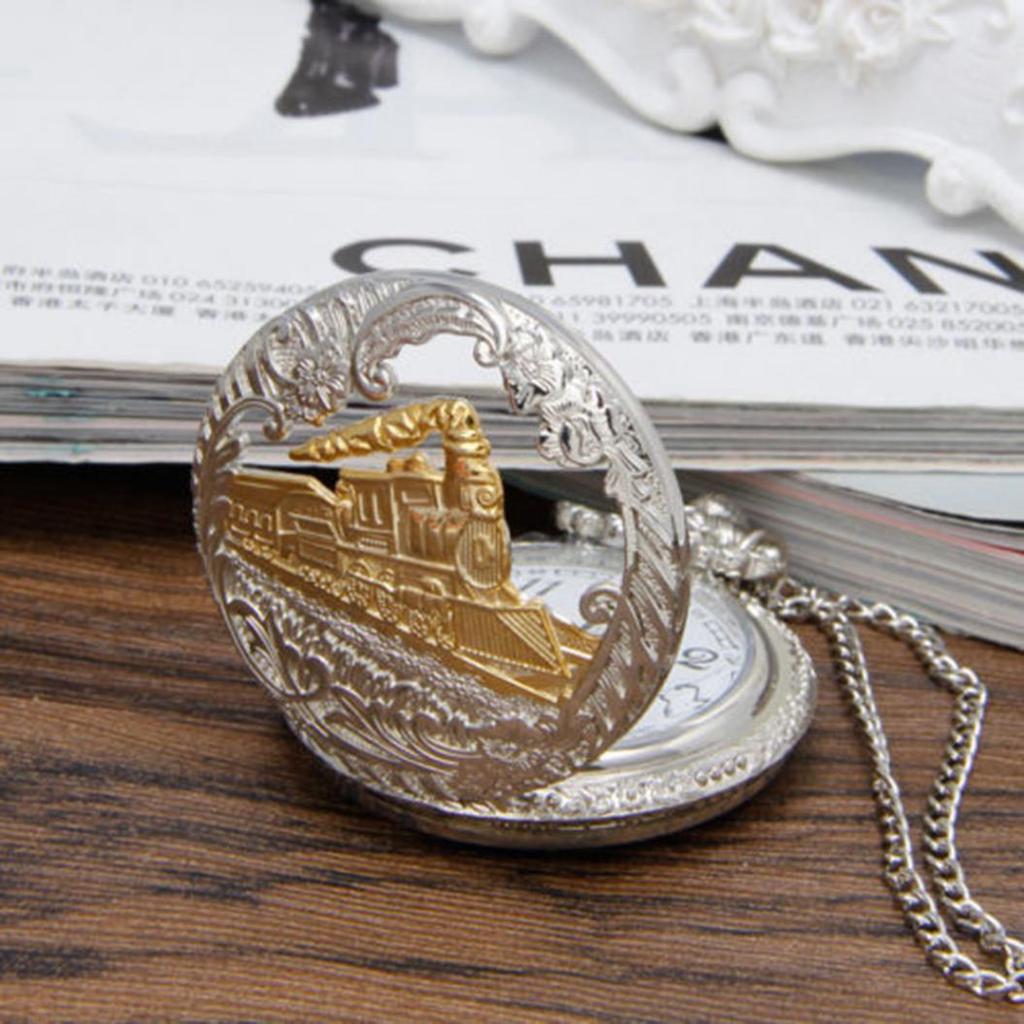 Vintage Steam Train Antique Chain Quartz Locomotive Pendant Pocket Watch Gift