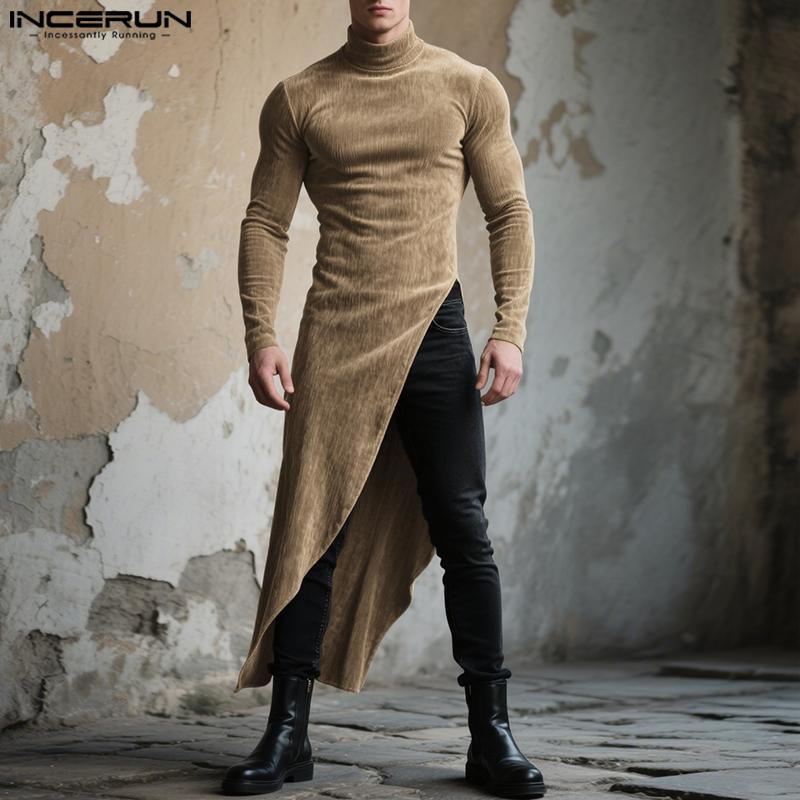 INCERUN Autumn Men Turtleneck Long Sleeve High Splits Tunic Tops Pullovers