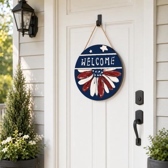 Spring Flower Wreath Welcome Sign, Independence Day Patriotic Hanging Plaque, Round Wooden Door Hanger Decoration for Indoor Outdoor