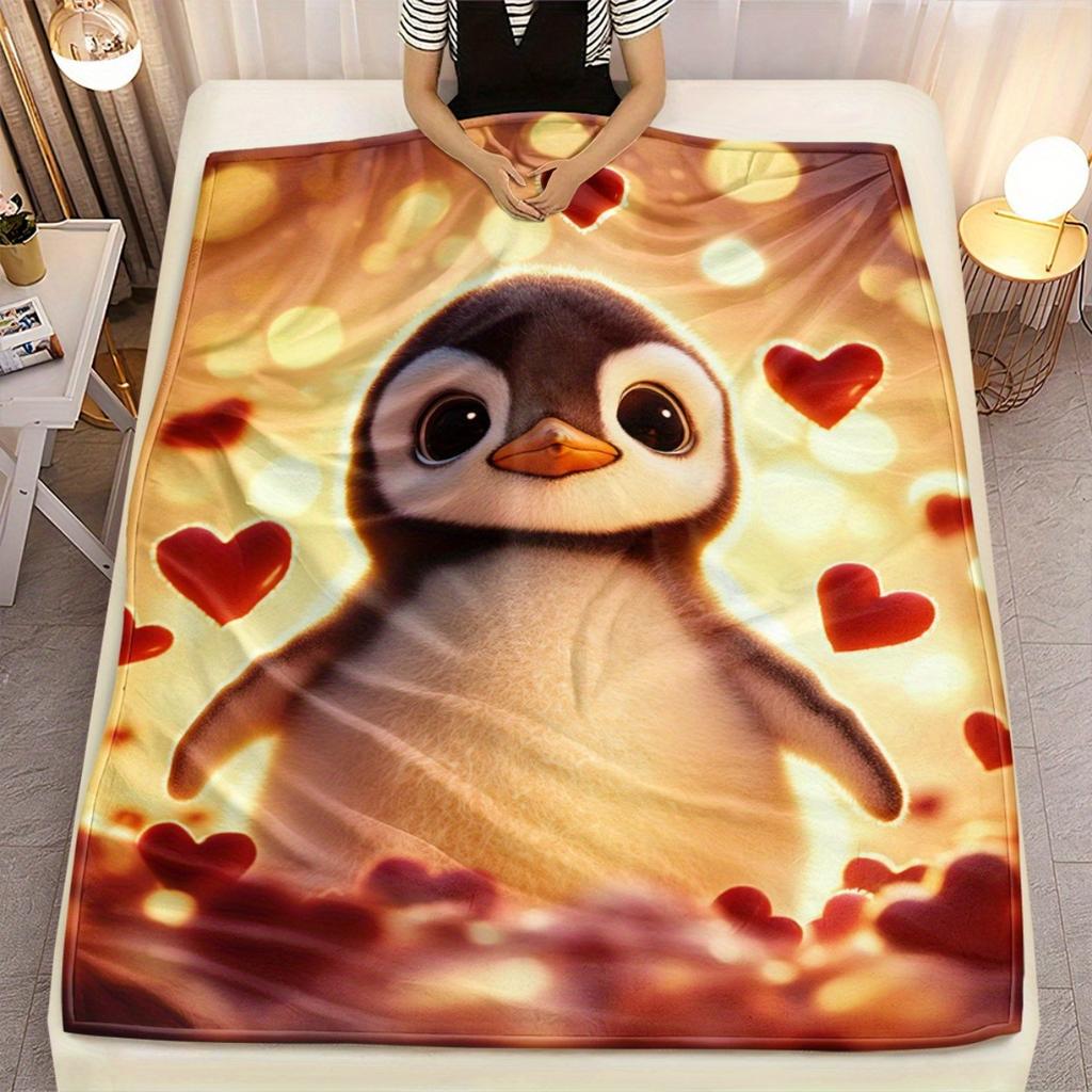 1pc Cute Penguin With Hearts Flannel Blanket Soft Warm Throw Baby Kids Room Decor Adorable Animal Print