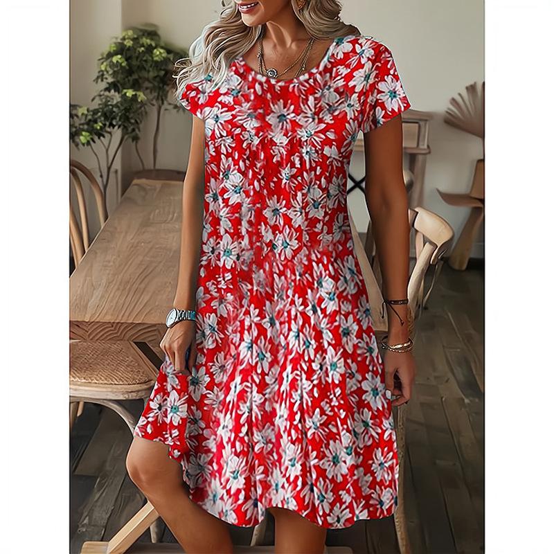 Summer Floral Printing Pocket Dress Summer Short Sleeve Slim Shirt Big Hem Short Skirt
