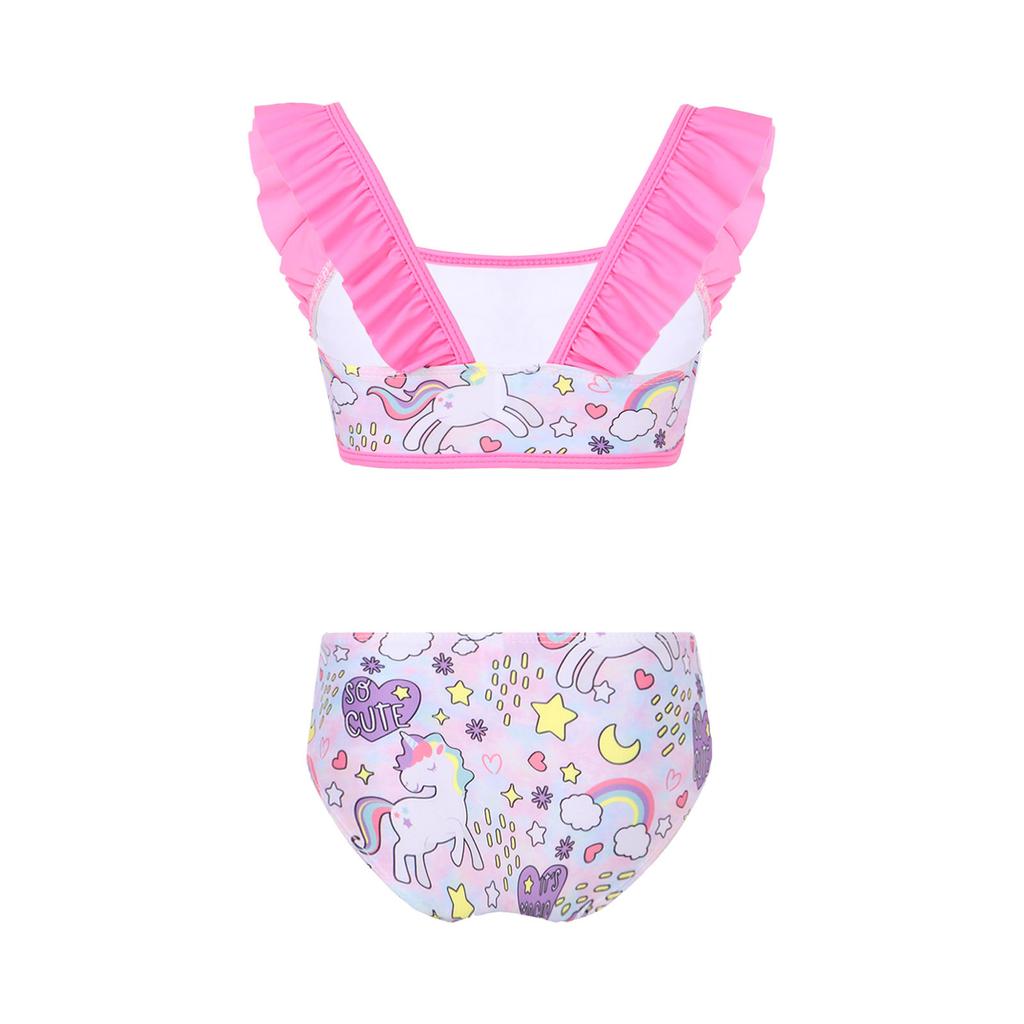 Kids Girls 2PCS Tankini Ruffled Shoulder Straps Printed Crop Top with Bottoms Hawaii Set Bikini Swimwear