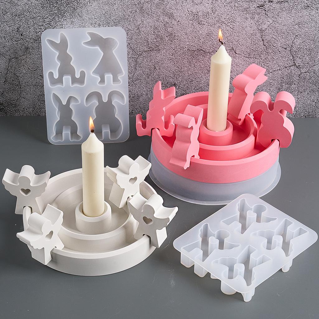 Angel Bunny Decorative Plug Candle Holder Silicone Mold DIY Handmade 4-Hole Aromath Candle Casting Resin Mold Easter Insert Deco