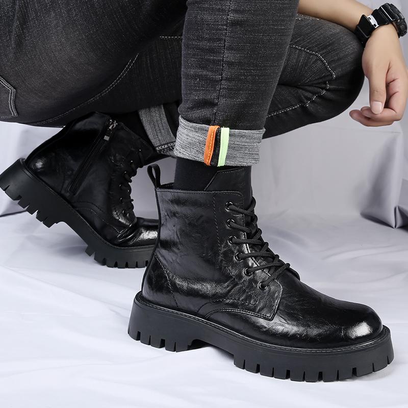 Уличные мужские повседневные ботинки из коровьей кожи, роскошные ботинки из натуральной кожи с круглым носком в британском стиле на платформе с толстой подошвой, зимние новые теплые ботинки по щиколотку