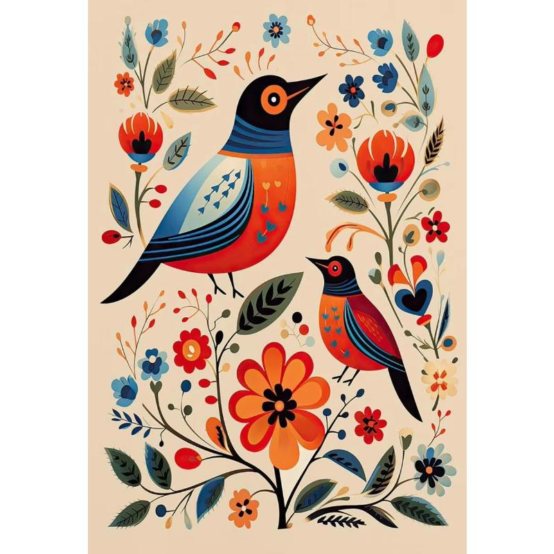 Норвежское народное искусство Цветочный постер с птицами Скандинавский принт Абстрактная картина на холсте Скандинавское настенное искусство Картина для гостиной Домашний декор