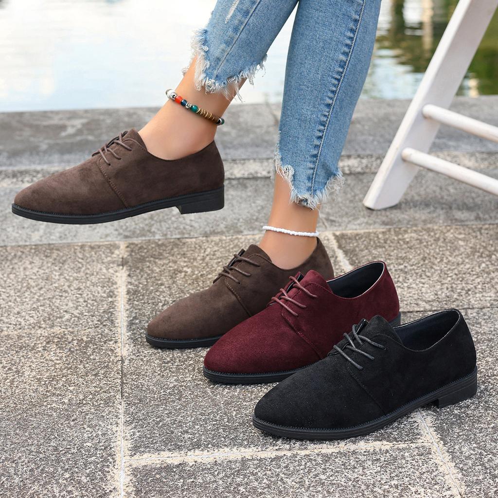 Мода Ретро Женские Балетки Повседневные Замшевые Однотонные Одинарные Туфли Женские На шнуровке с Острым Носком Обувь Весна Осень Толстый Каблук Мокасины