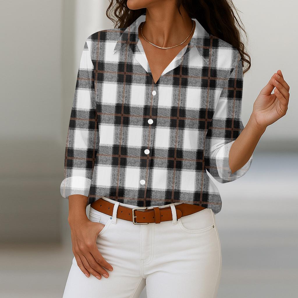 Женская рубашка-блузка с рождественским принтом и пуговицами, длинный рукав, повседневный базовый рубашечный воротник, обычный топ