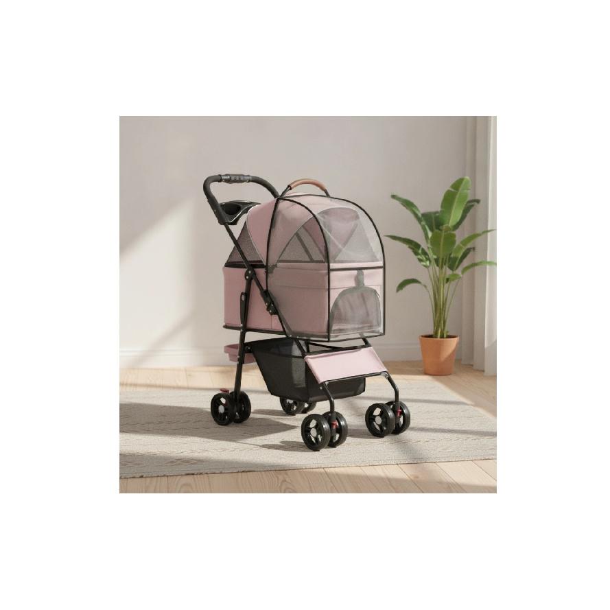 Pet Stroller with Rain Cover Safe Cat Stroller with Mesh Openings Dog Pram with Storage Basket Cozy for Small Dogs