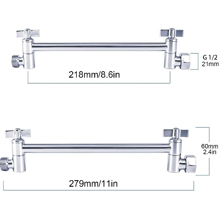 Heavy Duty Adjustable Shower Arm, 11" Brass Extension with Gear Lock Teeth & Swivel Nut, Strong Load Support, No Sagging, Keeps Shower Head Straight,