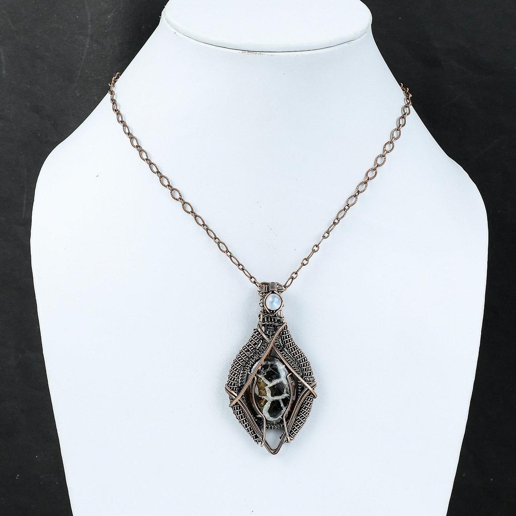 Марокканская грязь, трещина, ископаемая медь, кулон, обернутая проволокой, кулон, медные украшения ручной работы, кулон с лунным камнем, изящные ювелирные изделия из драгоценных камней, подарок для нее