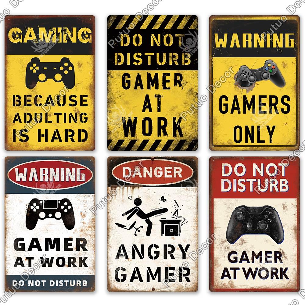 Decor Funny Gamer Metal Signs Vintage Tin Sign Gamer At Work Retro Signs for Home House Club Game Room Man Cave Wall Decor