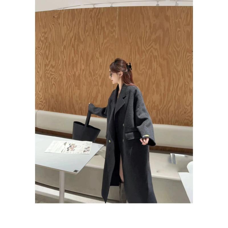 Autumn and Winter Korean Style Long Hair Baby Camel Wool Double-sided Wool Coat Double-breasted Simple High-end Coat New Style for Women
