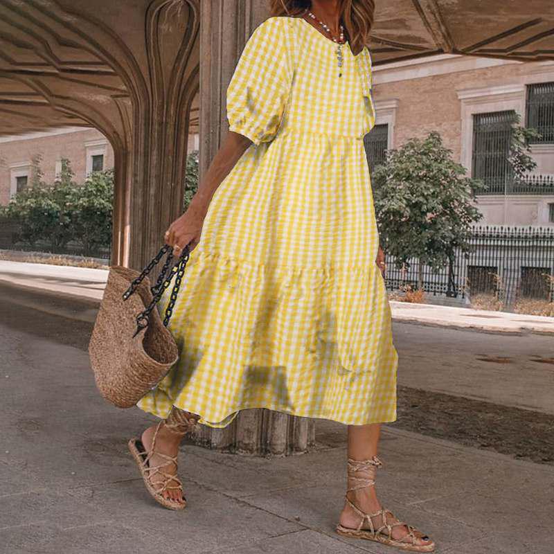 Лето 2025 г. Желтое платье с оборками в горошек - Женское повседневное пляжное платье с коротким рукавом