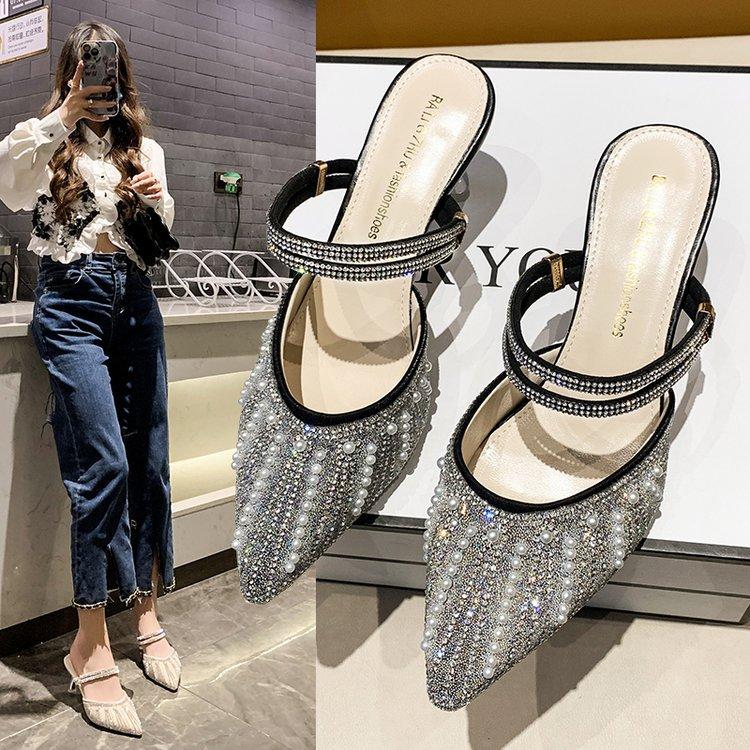 Босоножки на высоком каблуке с жемчугом и стразами женские новые одна туфля две фея французский темперамент сумка головка модные тапочки