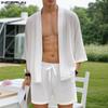 Men Two-piece 3/4 Sleeves Kimono Tops Drawstring Elastic Waist Shorts Casual Sets