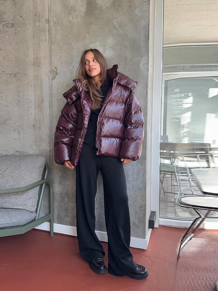 Женский пуховик из лакированной ткани со съемной шляпой, женская теплая, простая и модная зимняя куртка 2025