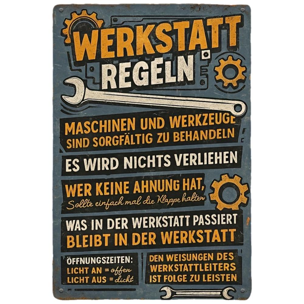 Retro German metal workshop rule sign - Werkstatt Regeln retro tin plate, suitable for garage, office, bar or home decoration