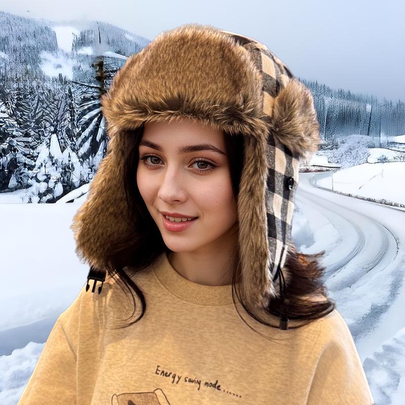 New Plaid Polyester Cotton Three-color Wool Supply Thickened Warm Hat Winter Ear Protection Hat Plush Cap