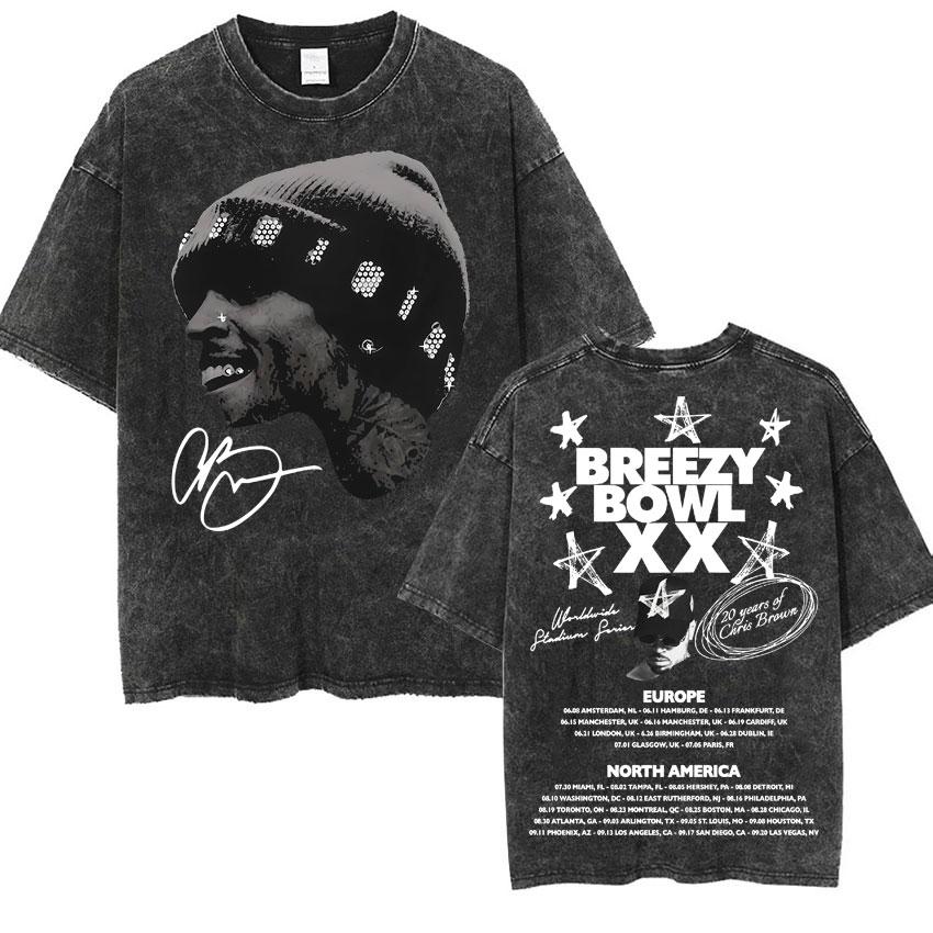 Limited Chris Brown Breezy Bowl XX Tour 2025 New Album T Shirts Gifts Men Women Vintage Washed Short Sleeve Tee Shirt Streetwear