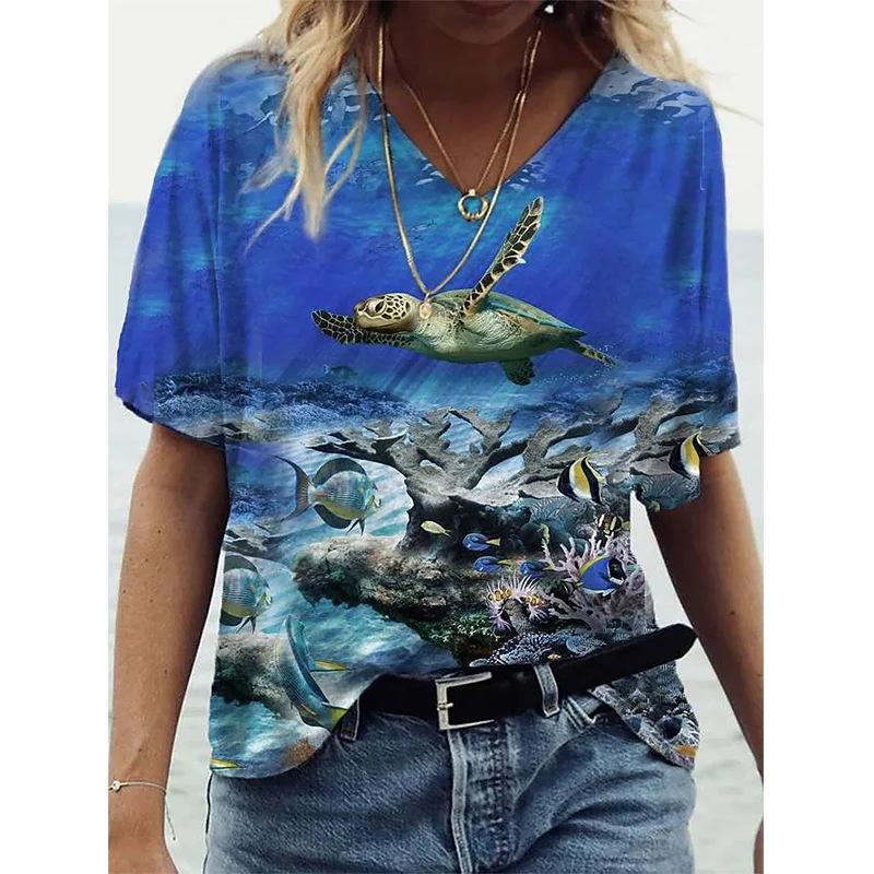 Женская футболка с V-образным вырезом и 3D-принтом в виде дельфина. Модная футболка с короткими рукавами и принтом.
