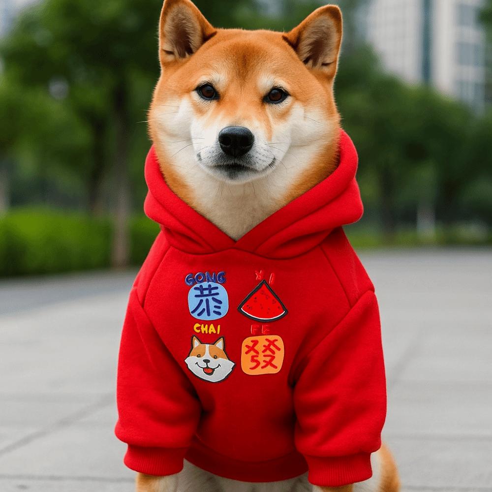 Костюм для щенка Теплый Худи для Собаки Мягкая Мультяшная Толстовка для Собаки Утепленный Красный Комбинезон для Питомца Осень Зима