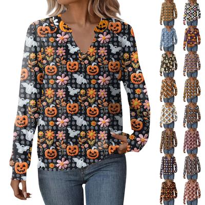Женская повседневная толстовка с длинным рукавом и V-образным вырезом, свободный пуловер с принтом на Хэллоуин