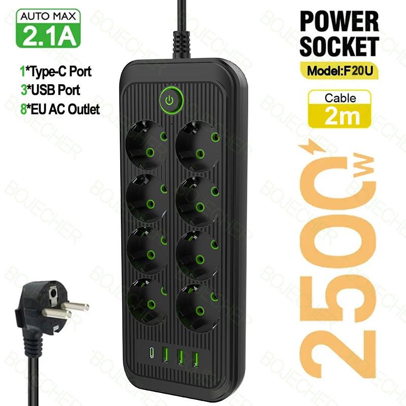 EU Plug AC Outlet Multitap Power Strip 2M Extension Cable Electrical Power Strip USB Home Office Surge Protector Network Filter