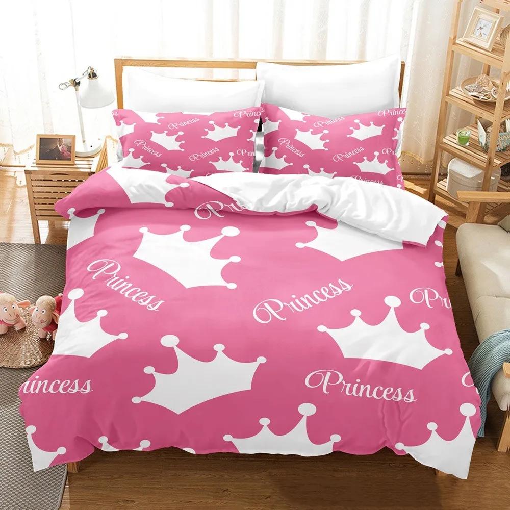 Princess Crown Bedding Sets For Girls Microfiber Duvet Cover Set Full Size ,Pink Butterfly Festival Comforter Cove Pillowcases