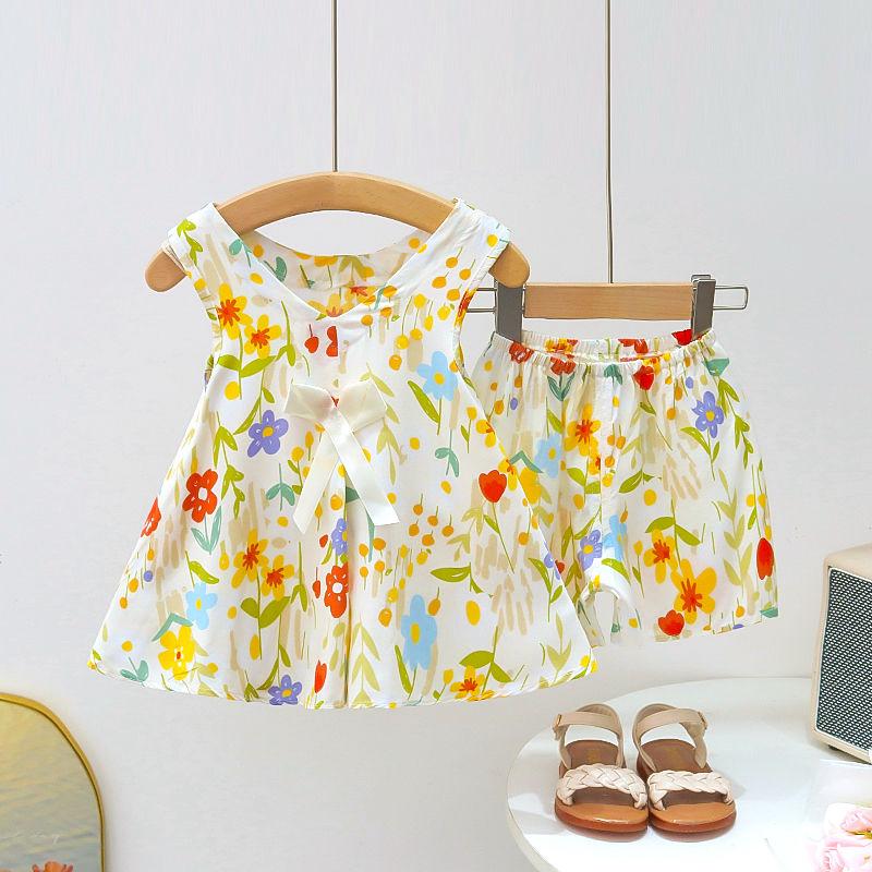 Girls' Summer Cotton and Silk Sleeveless Two-piece Floral Floral Floral Pattern Set