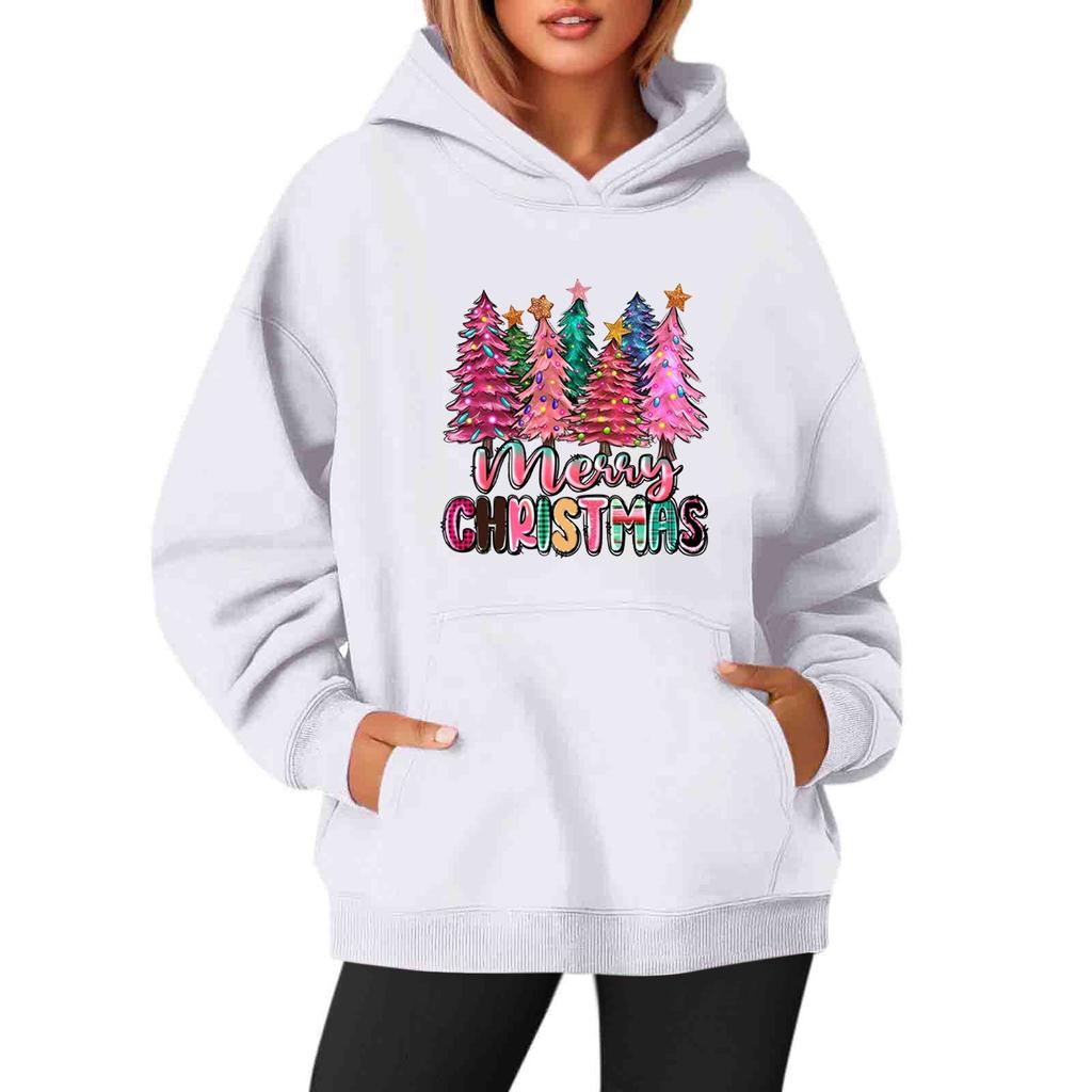 Women's Sweatshirts O-neck Long Sleeve Christmas Printed Top Solid Color Hoodie
