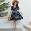 Women’s Summer Floral Print Dress High V-neck  Ruffled Flared Sleeve High Waist A-line Dress Vocation Beach Party Breathable Light Weight Mid Dress