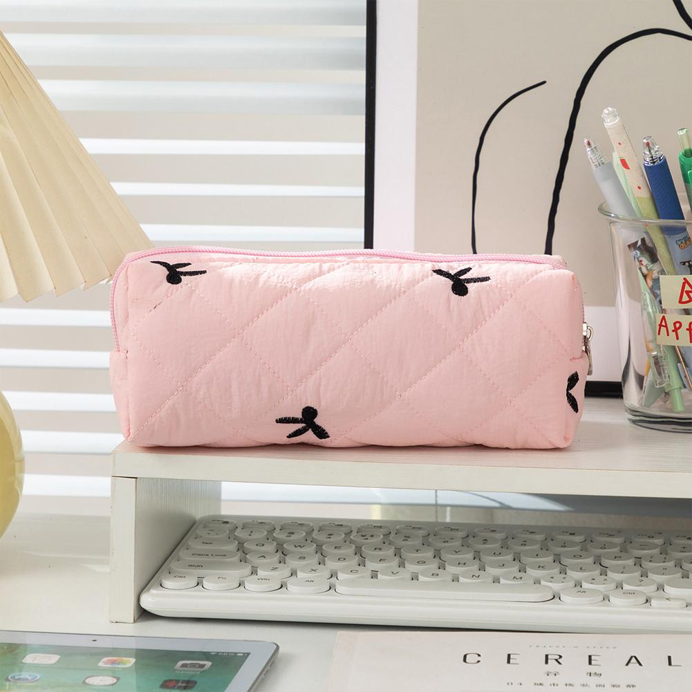 1Pc Simple Bowknot Large Capacity Pencil Bag Fresh Quilting Stationary Storage Bags For Girls Makeup Pouch Pencil Case