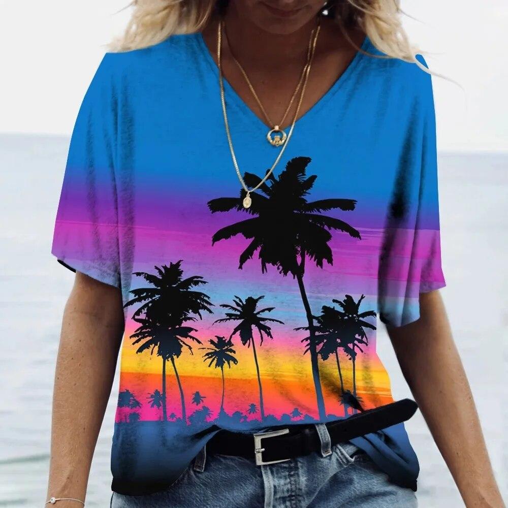 Гавайская футболка, женский топ с v-образным вырезом и коротким рукавом, футболка с принтом кокосовой пальмы, женская одежда большого размера, женский топ для отпуска