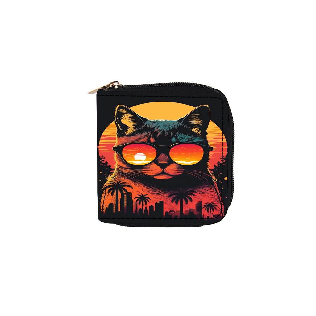 Cartoon Glasses Cat Short Zipper Small Wallet, Card Bag Wallet