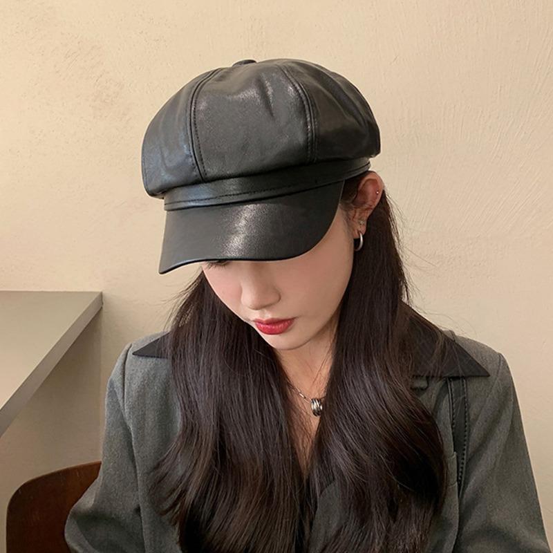 Berets Female Korean Version Small Pu Leather Caps Octagonal Caps