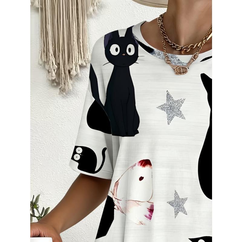 Women's Large Size Loose T-Shirt with Pockets - Full Body Black Cat and Star Print Round Neck Casual Summer Top