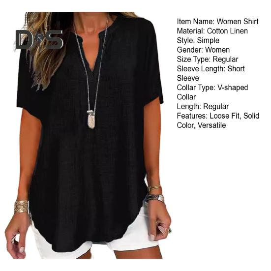 Женская рубашка с V-образным вырезом, коротким рукавом, свободный крой, повседневная рубашка, однотонная эластичная футболка, повседневная одежда