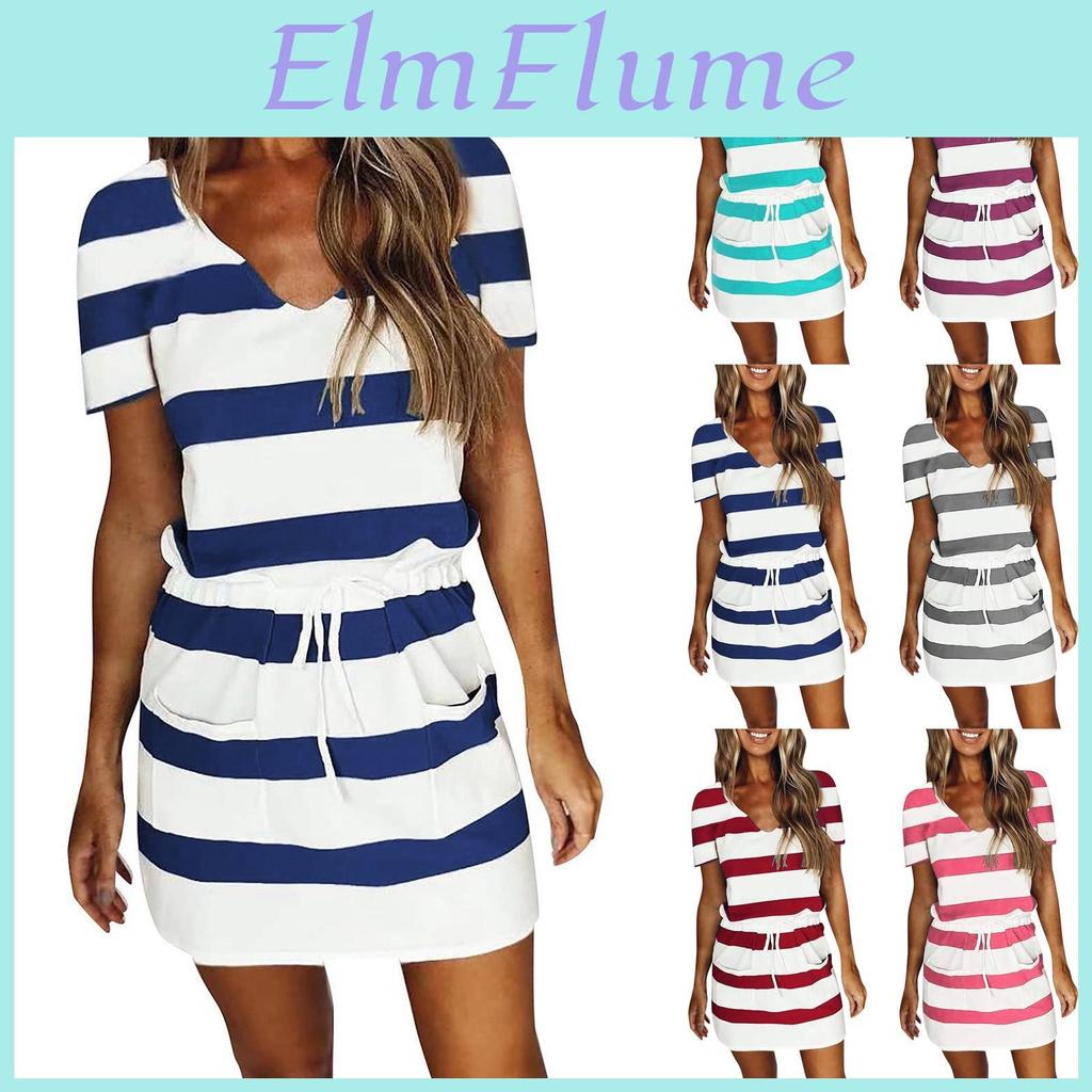 Summer Printed Womens Fashion Casual Drawstring V Neck Short Sleeve Dress