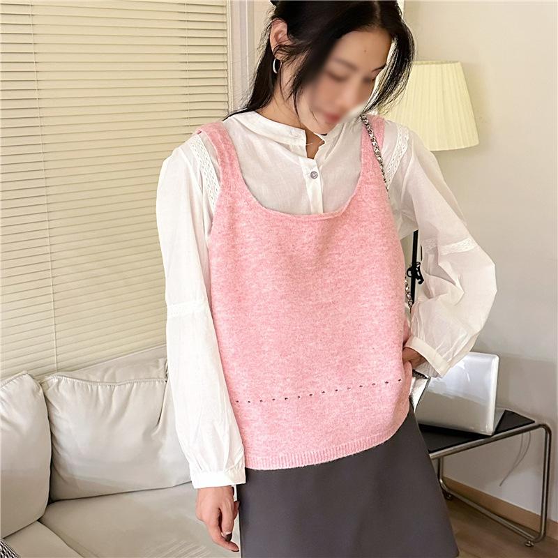 Двусторонний вязаный жилет без рукавов с галстуком-бабочкой - Модный осенний многослойный образ для женщин