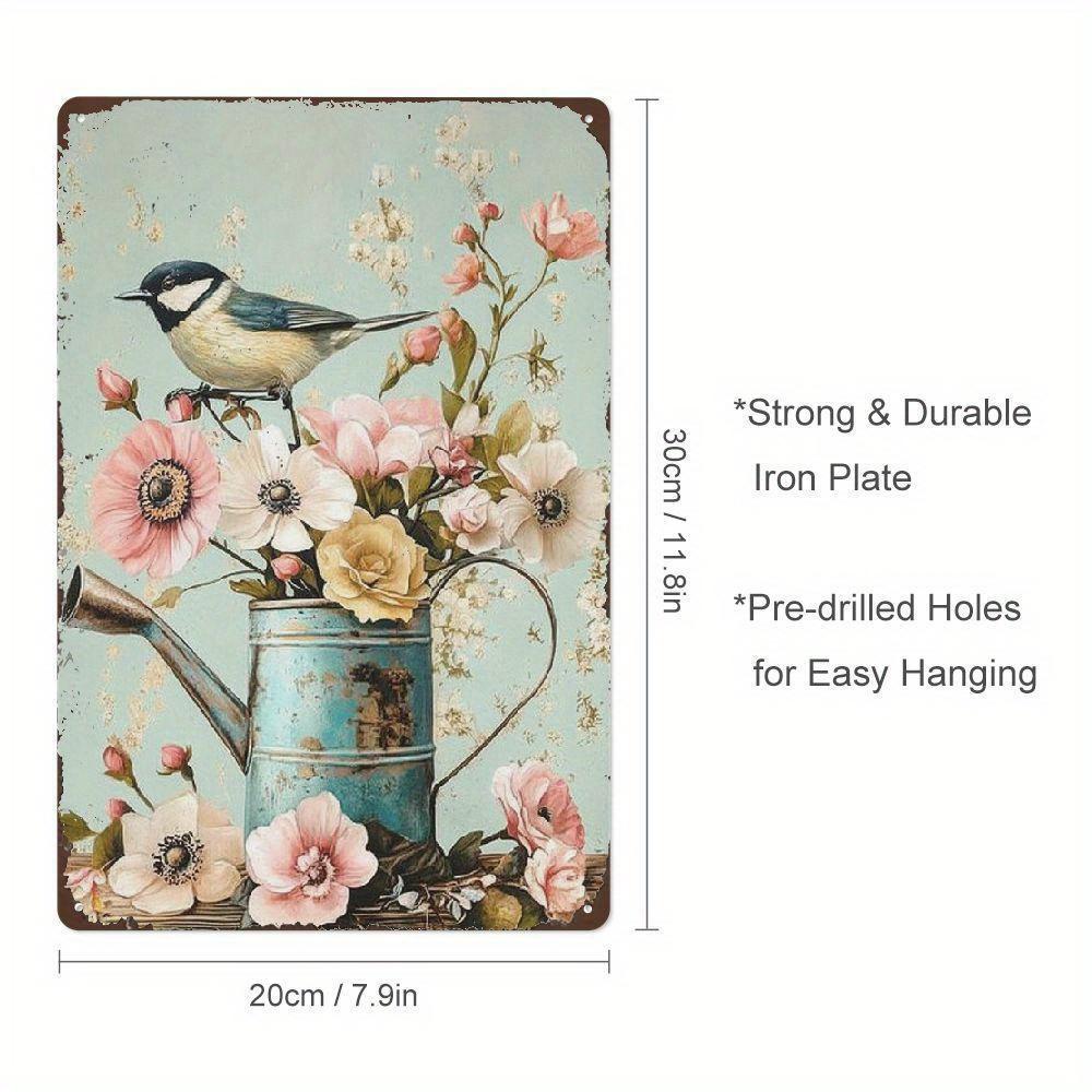 Vintage Flowers Bird Metal Wall Art Sign Rustic Iron Plaque with Watering Can and Chickadee Design MultiUse Decor for Home