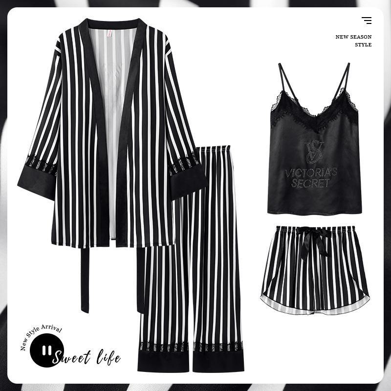 "Korean Striped Women's Seven-Piece Pajama Set for All Seasons"