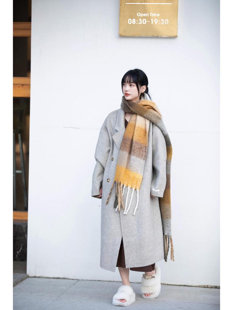 Korean Style Women's Long-Haired Double-Faced Wool Cashmere Cocoon Coat