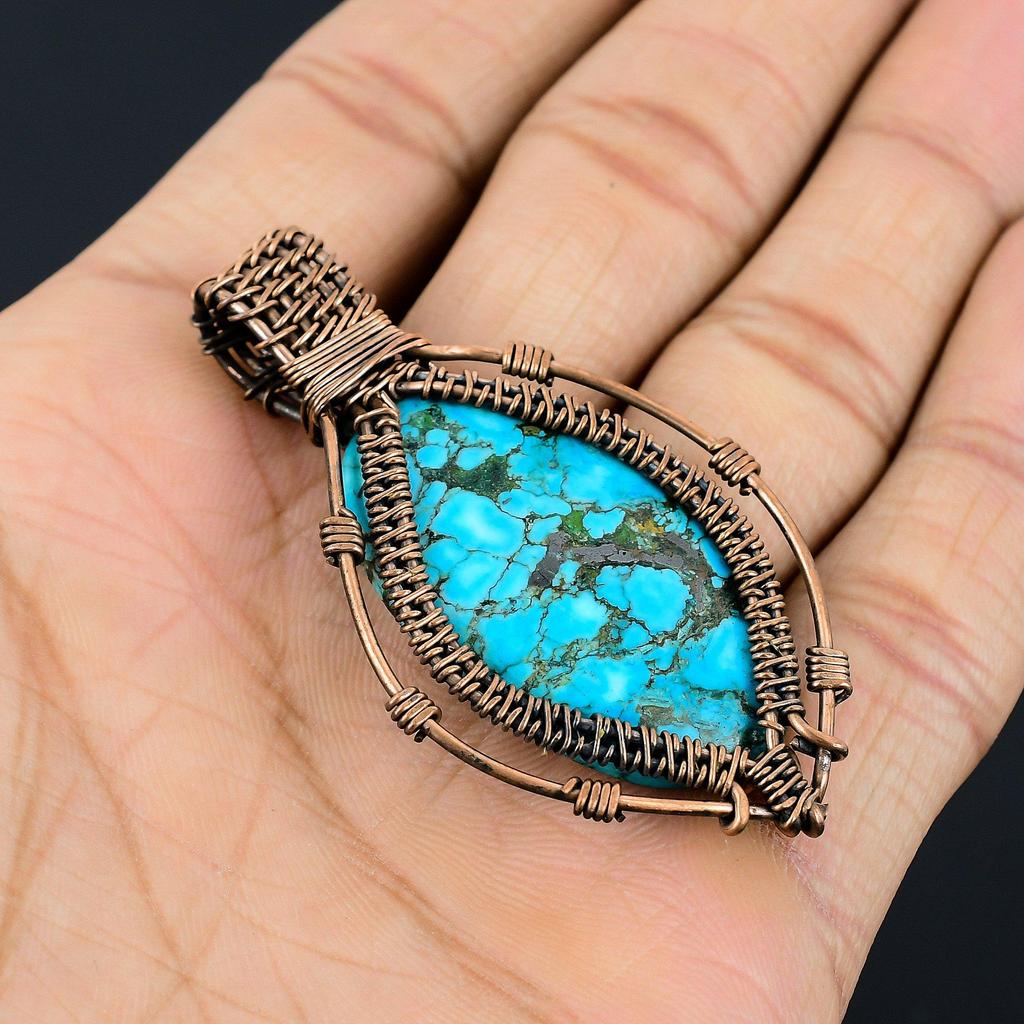 Tibetan Turquoise Pendant, 999 Copper Wire Wrapped Gemstone Jewelry, Handmade Pendant, For Thanksgiving