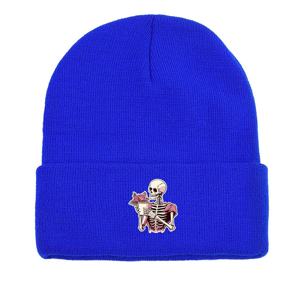 Skeleton Flower Print Knitted Hat Beanie, Woman Cap Windproof Lightweight Sporting Headwear Knit Cap Beanie