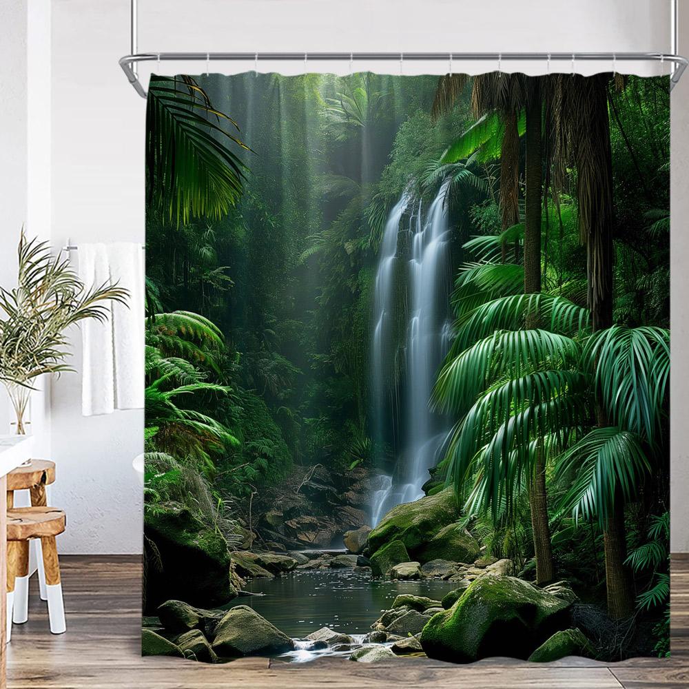 Natural Landscape Waterfall Forest Shower Curtain Scenery Green Leaves Plants Bathroom Decor Polyester Bath Curtain for Home