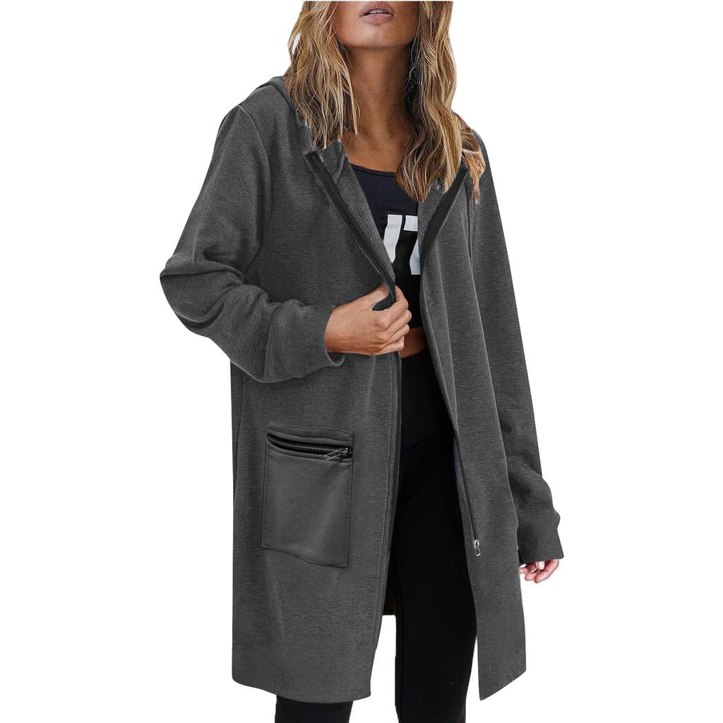 Women's Fashionable Solid Color Coat Long Sleeved Pocket Long Hoodies Zipper Casual Jackets Sweatshirts Clothes