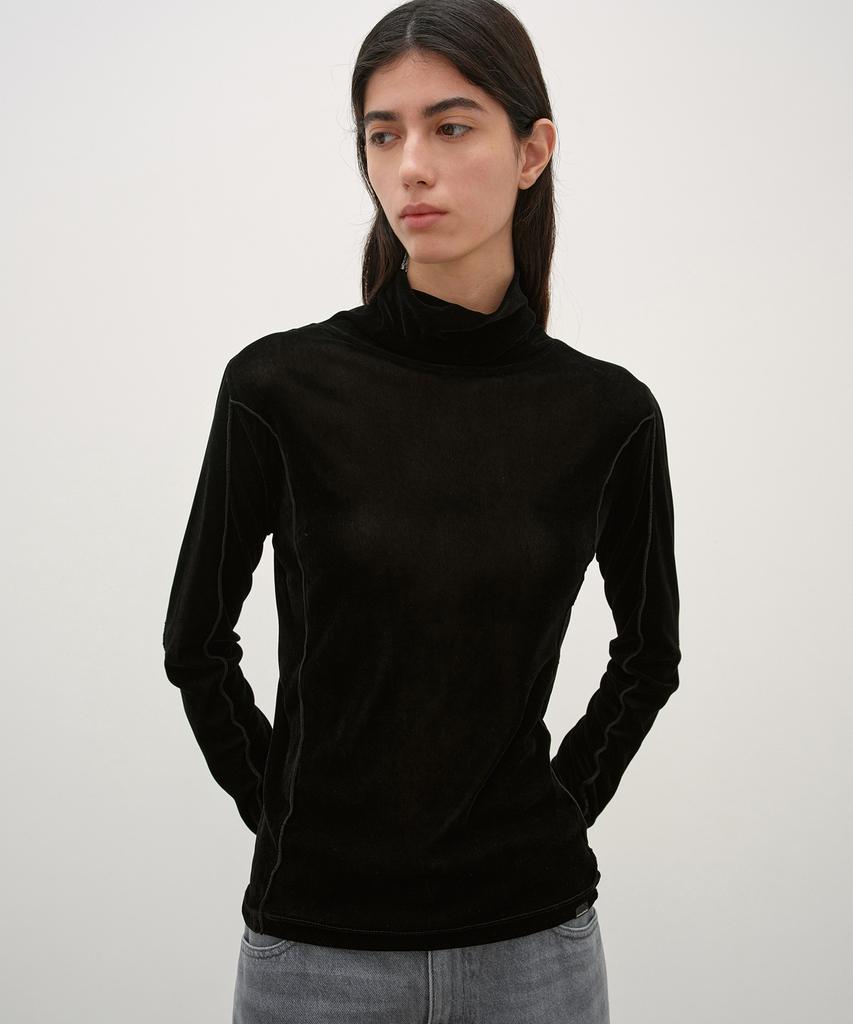 INSILENCE WOMEN Velvet Mesh Turtleneck T-Shirt Black